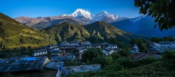 A stone village with terraced fields below the snow-capped peaks of the Annapurna range