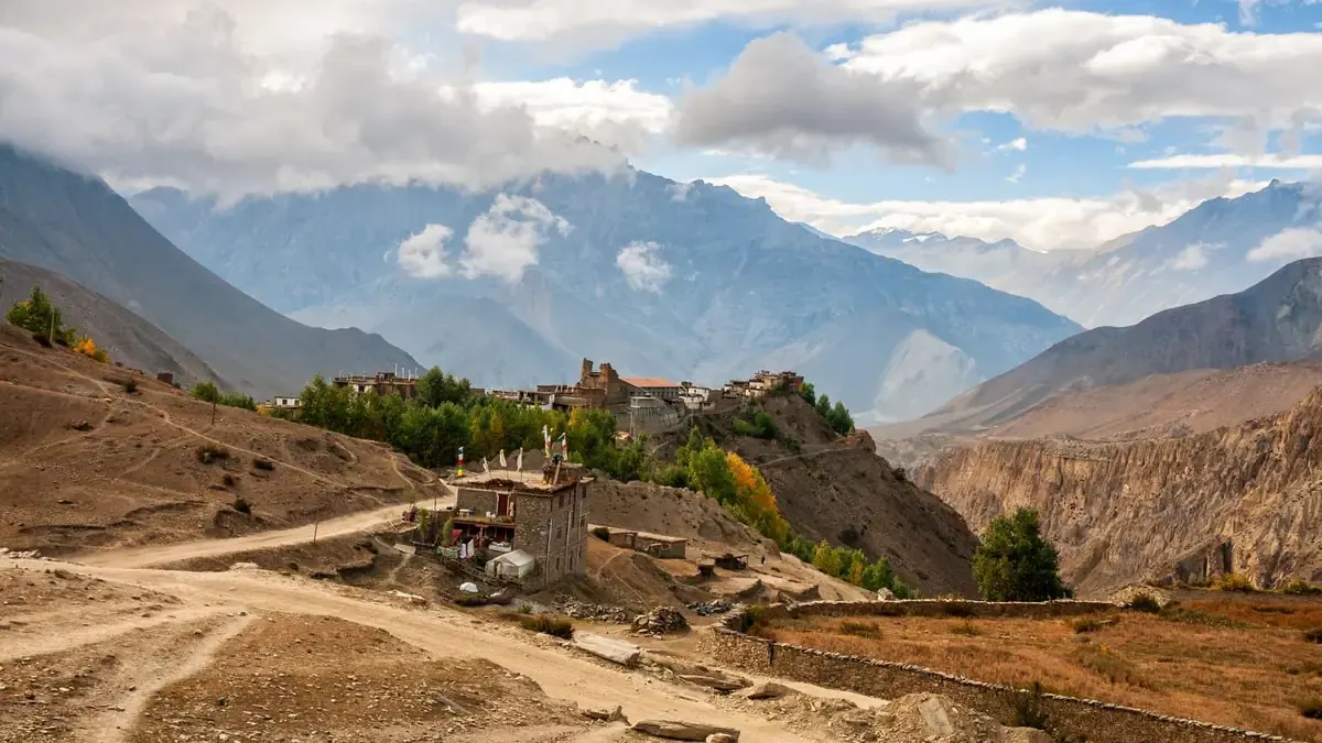 Jharkot village and the Jhong Khola valley in Mustang under autumn skies, one of the best times to visit Mustang